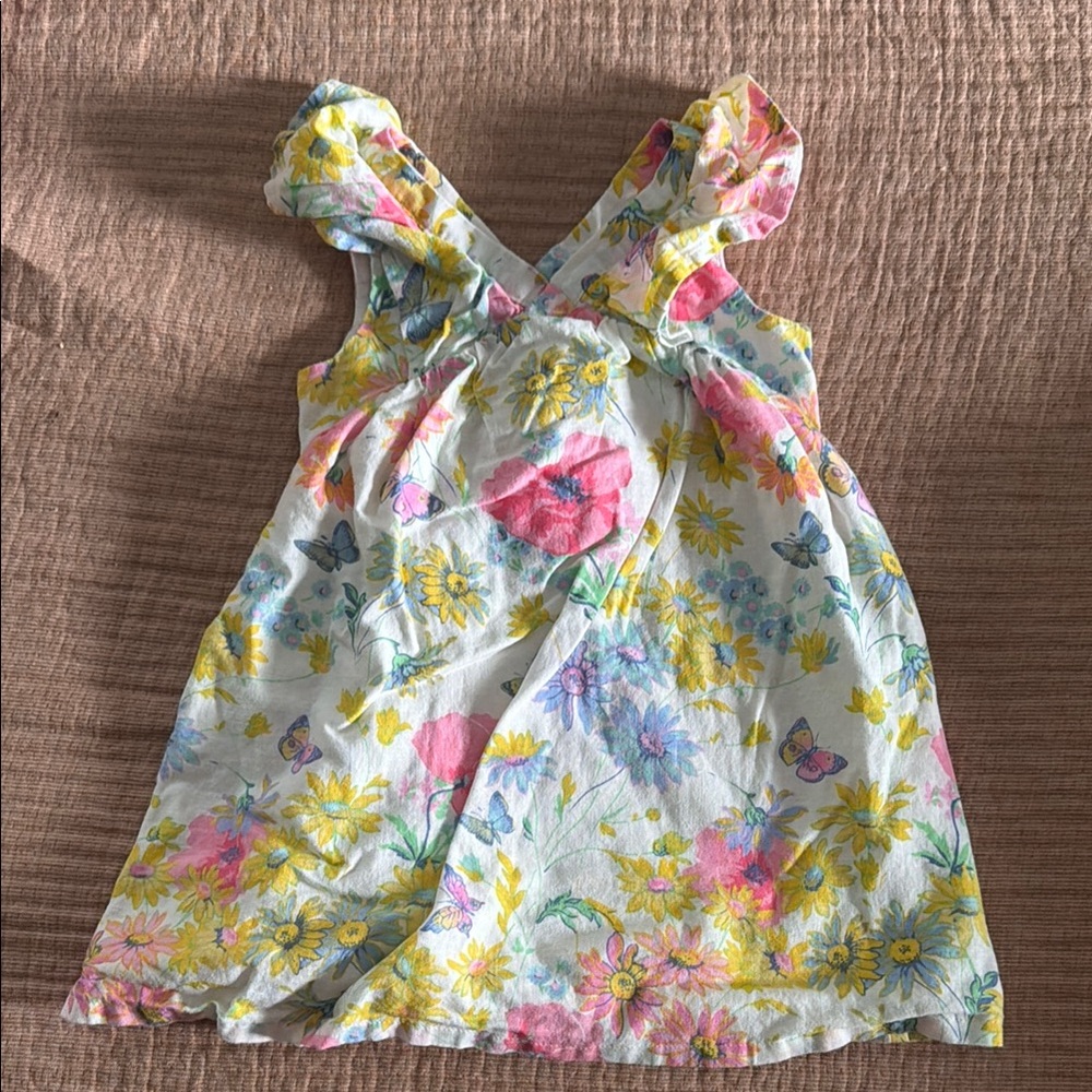 Girls Floral Butterfly Sundress - White Base with Pink, Yellow & Blue Flowers